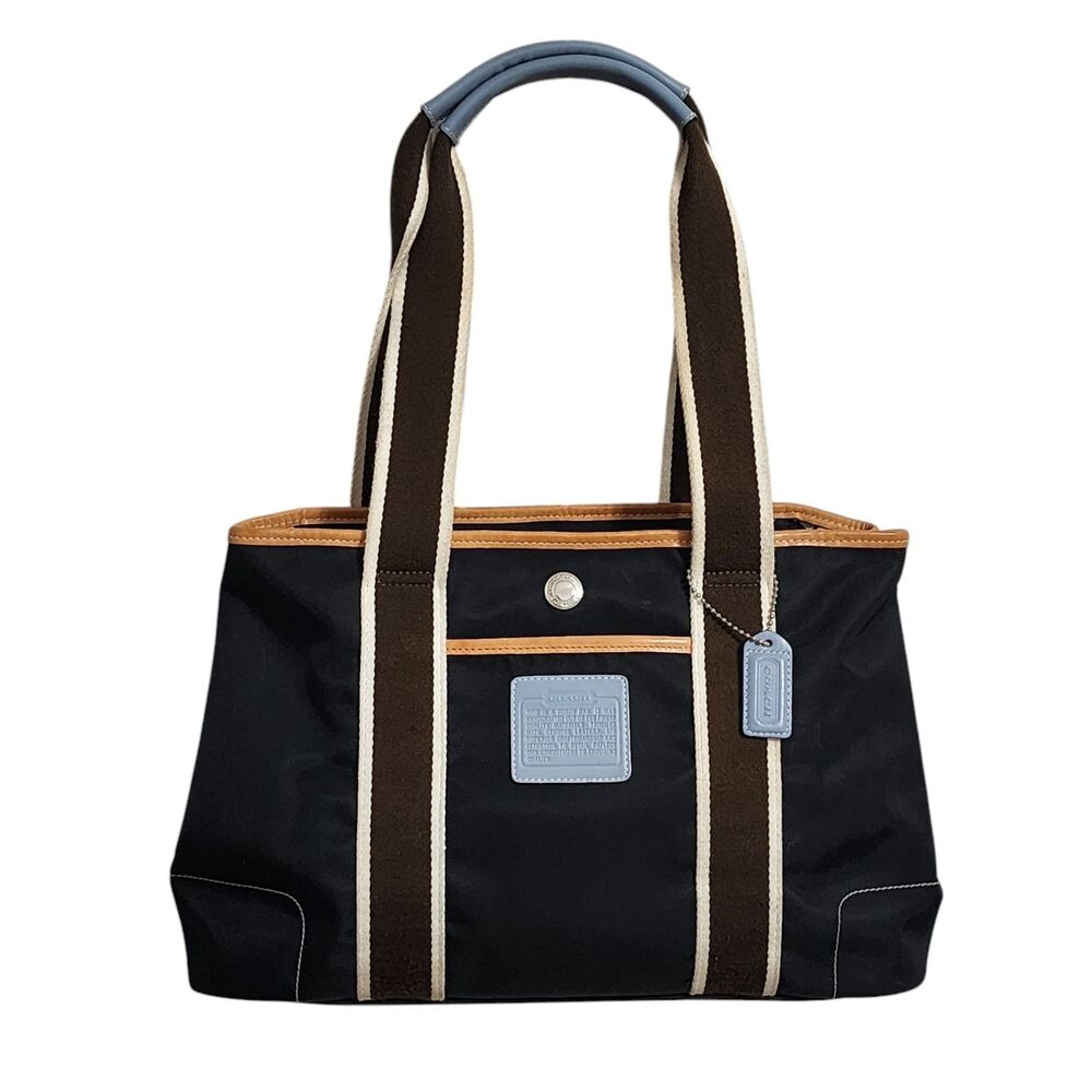 Vtg Coach Hampton Weekender 5656 Nylon Shoulder Handbag Purse Black Brown Blue